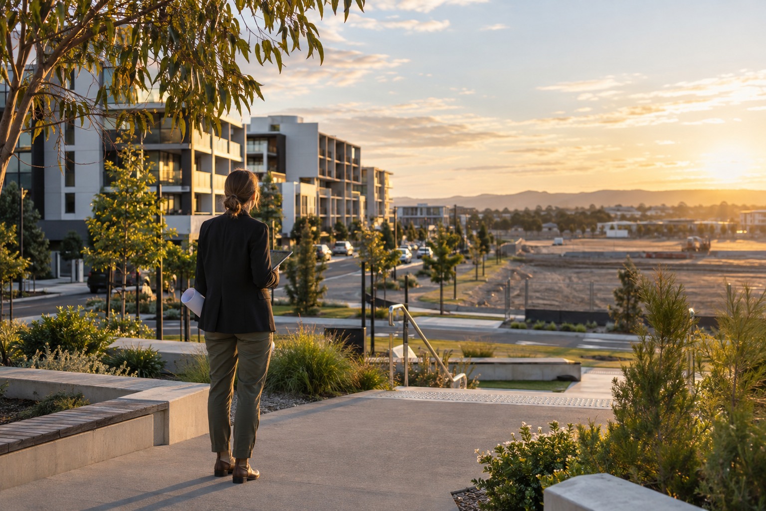 Town planner assessing an emerging Australian neighbourhood
